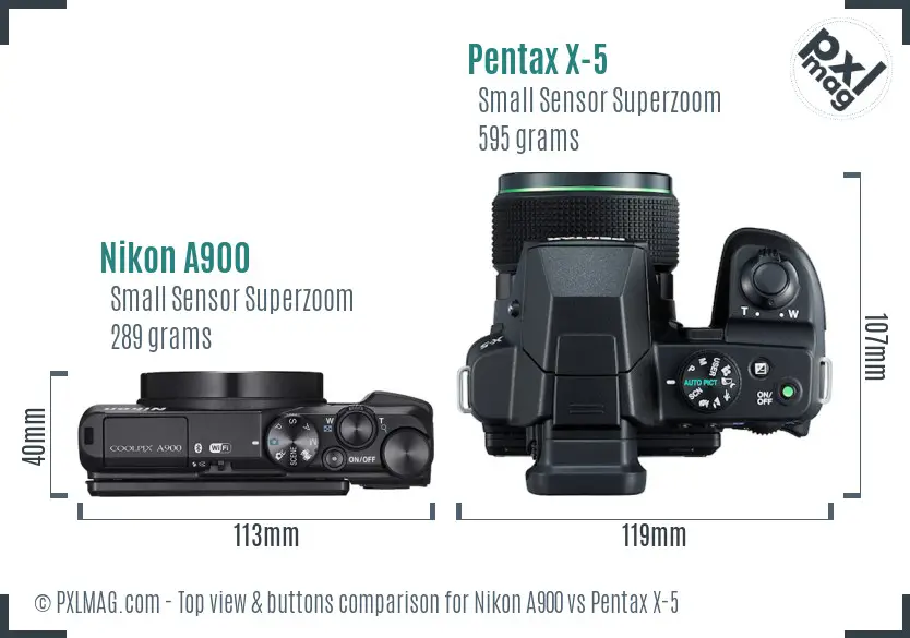 Nikon A900 vs Pentax X-5 top view buttons comparison