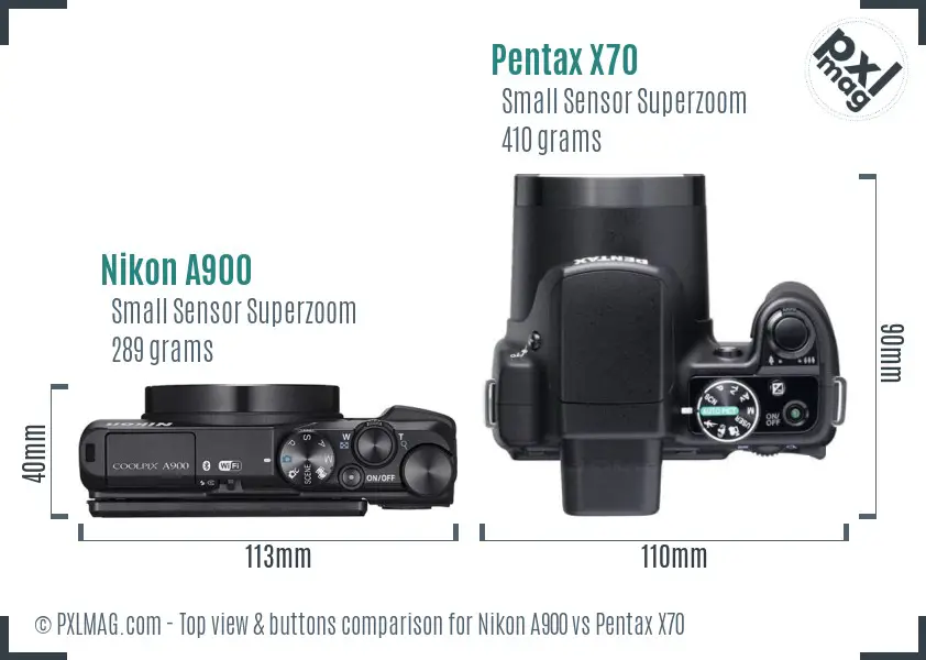 Nikon A900 vs Pentax X70 top view buttons comparison