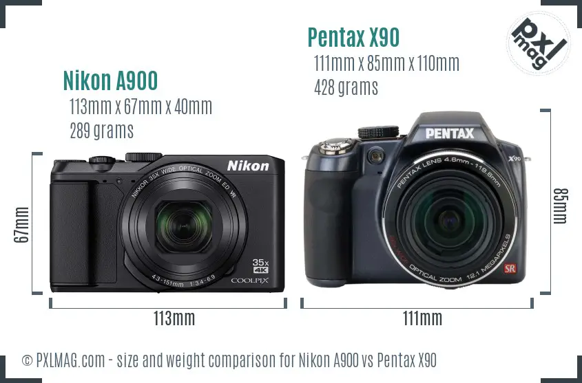Nikon A900 vs Pentax X90 size comparison