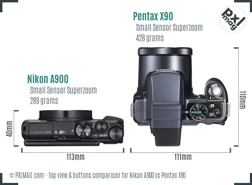 Nikon A900 vs Pentax X90 top view buttons comparison