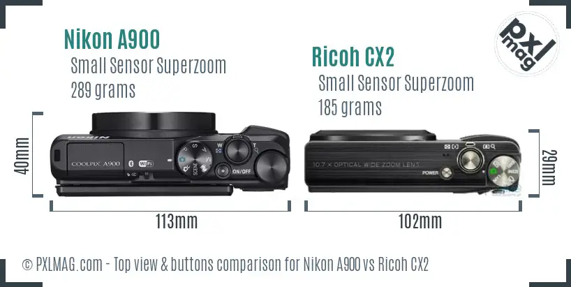 Nikon A900 vs Ricoh CX2 top view buttons comparison