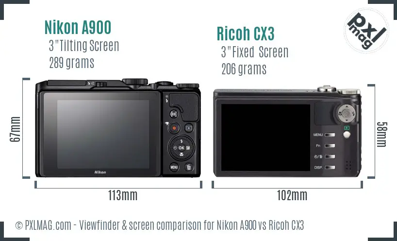 Nikon A900 vs Ricoh CX3 Screen and Viewfinder comparison