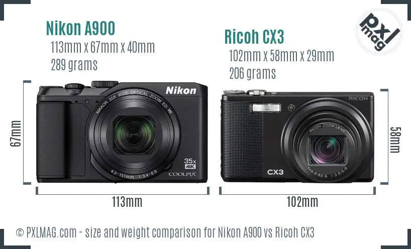 Nikon A900 vs Ricoh CX3 size comparison