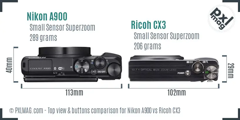 Nikon A900 vs Ricoh CX3 top view buttons comparison