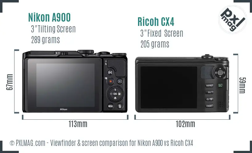 Nikon A900 vs Ricoh CX4 Screen and Viewfinder comparison