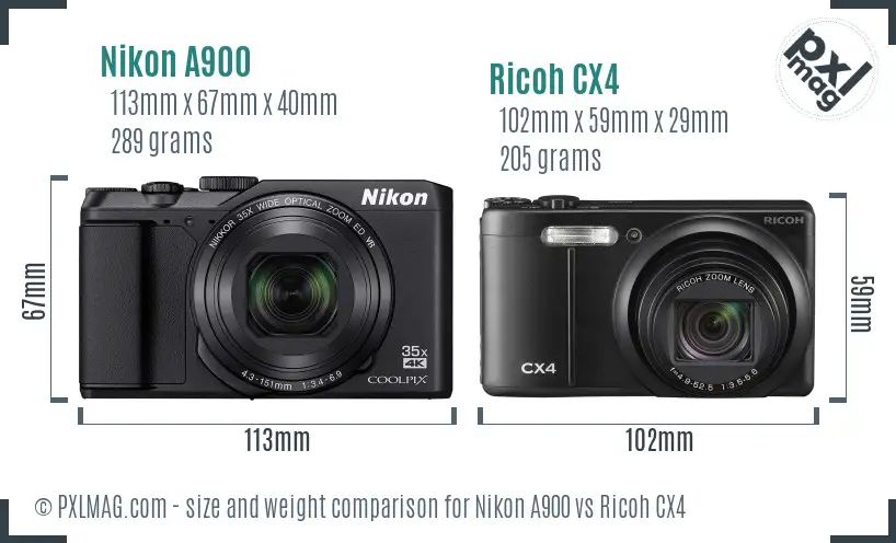 Nikon A900 vs Ricoh CX4 size comparison