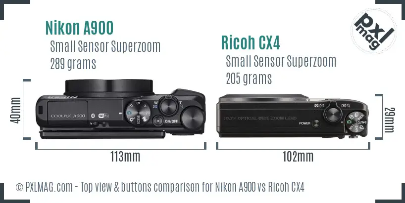 Nikon A900 vs Ricoh CX4 top view buttons comparison