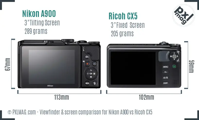 Nikon A900 vs Ricoh CX5 Screen and Viewfinder comparison
