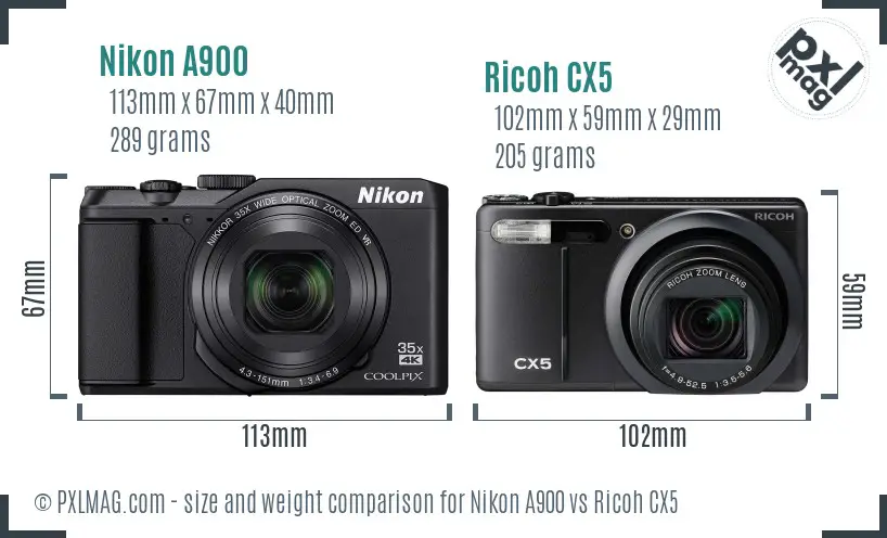 Nikon A900 vs Ricoh CX5 size comparison