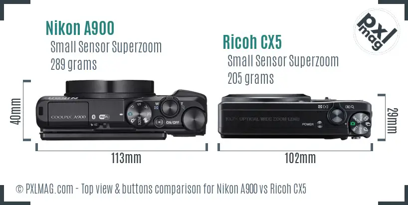 Nikon A900 vs Ricoh CX5 top view buttons comparison