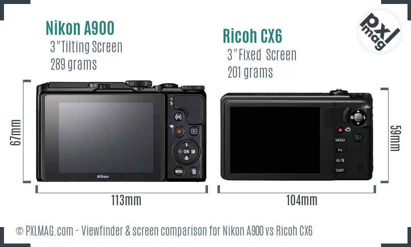 Nikon A900 vs Ricoh CX6 Screen and Viewfinder comparison