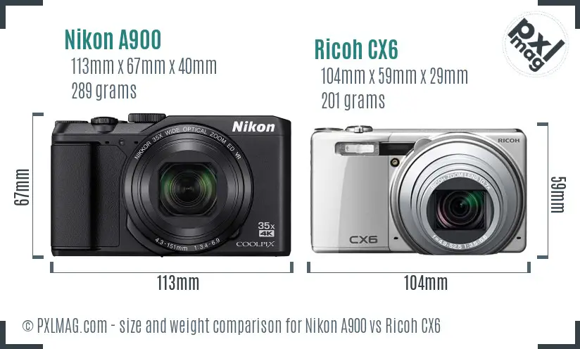 Nikon A900 vs Ricoh CX6 size comparison