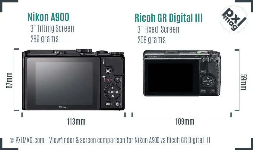 Nikon A900 vs Ricoh GR Digital III Screen and Viewfinder comparison