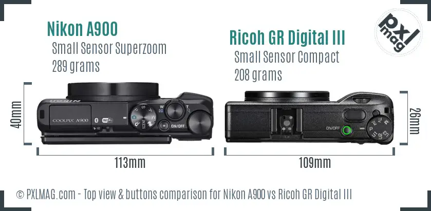 Nikon A900 vs Ricoh GR Digital III top view buttons comparison
