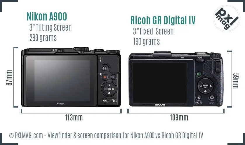 Nikon A900 vs Ricoh GR Digital IV Screen and Viewfinder comparison