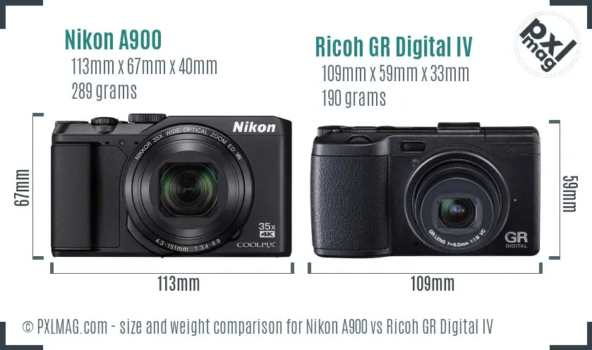 Nikon A900 vs Ricoh GR Digital IV size comparison