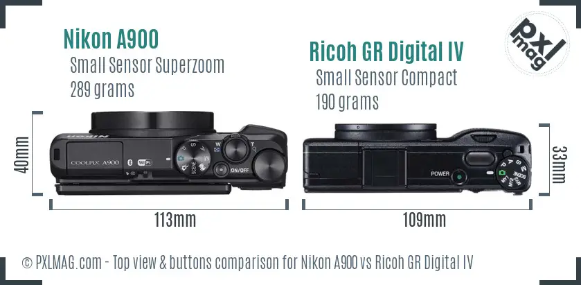 Nikon A900 vs Ricoh GR Digital IV top view buttons comparison