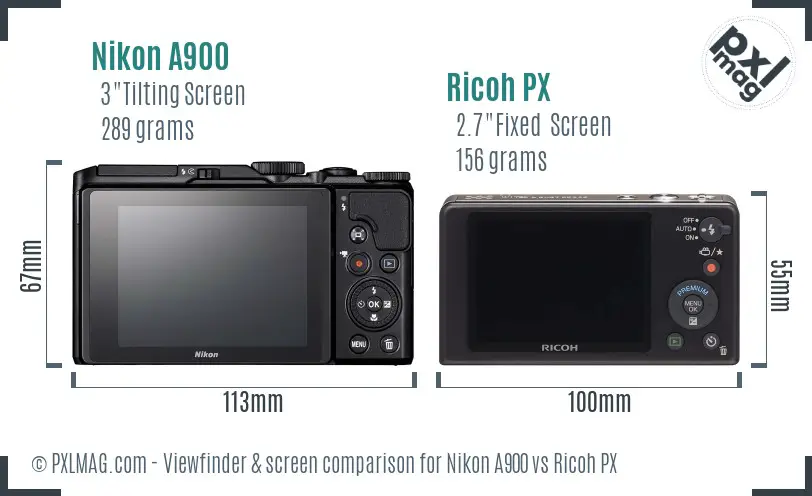 Nikon A900 vs Ricoh PX Screen and Viewfinder comparison