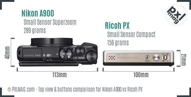 Nikon A900 vs Ricoh PX top view buttons comparison