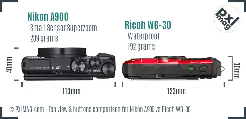 Nikon A900 vs Ricoh WG-30 top view buttons comparison Nikon A900 vs Ricoh WG-30 top view buttons comparison