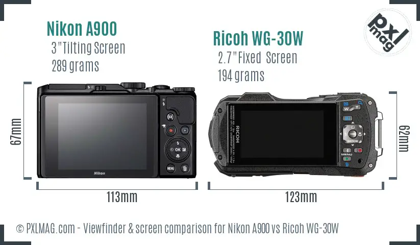 Nikon A900 vs Ricoh WG-30W Screen and Viewfinder comparison