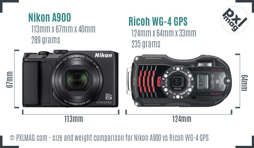 Nikon A900 vs Ricoh WG-4 GPS size comparison