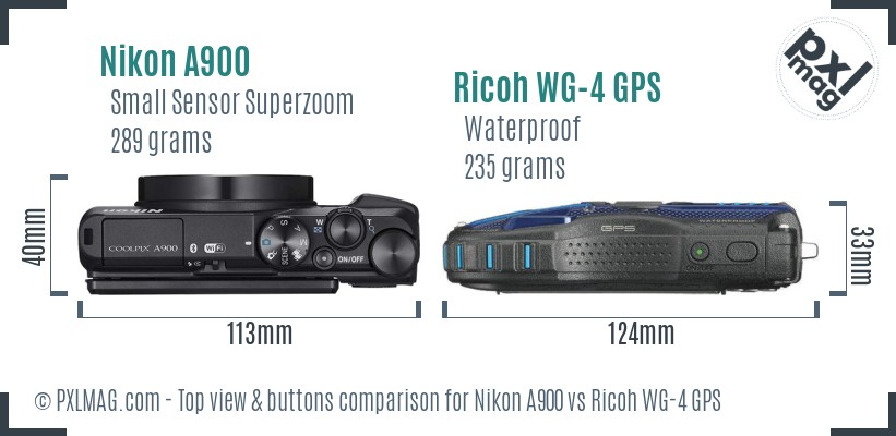 Nikon A900 vs Ricoh WG-4 GPS top view buttons comparison