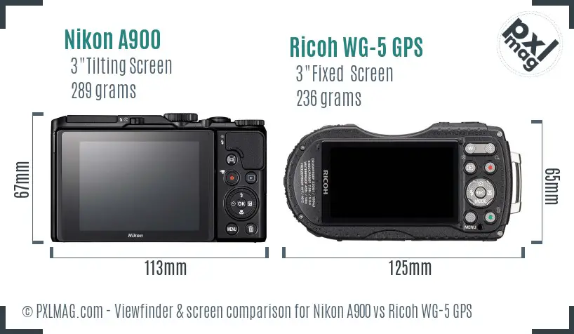 Nikon A900 vs Ricoh WG-5 GPS Screen and Viewfinder comparison