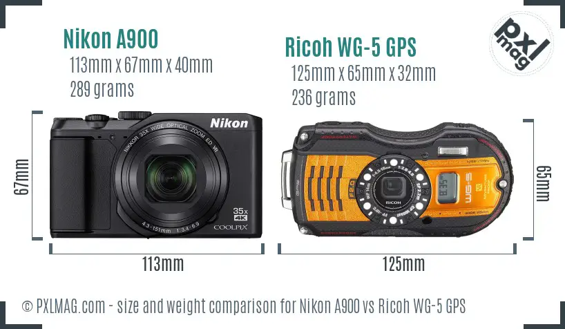 Nikon A900 vs Ricoh WG-5 GPS size comparison