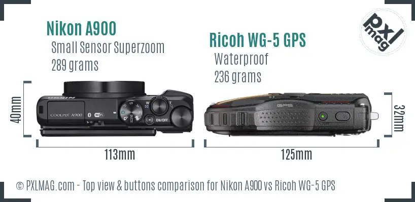 Nikon A900 vs Ricoh WG-5 GPS top view buttons comparison