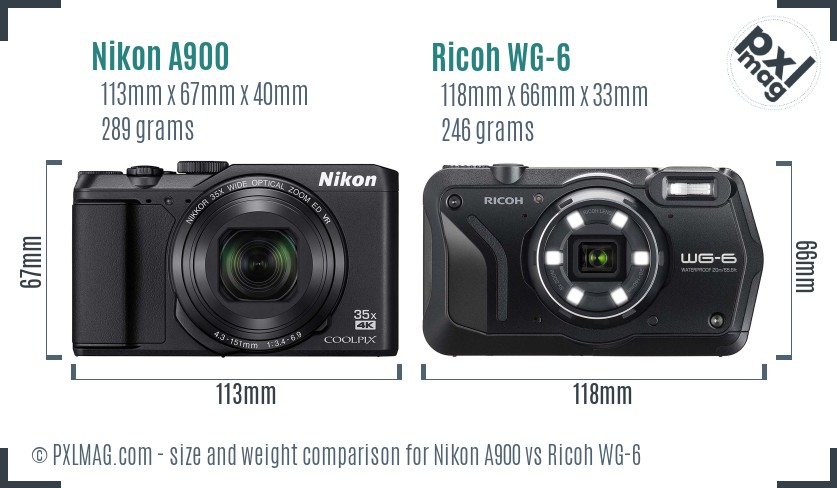 Nikon A900 vs Ricoh WG-6 size comparison