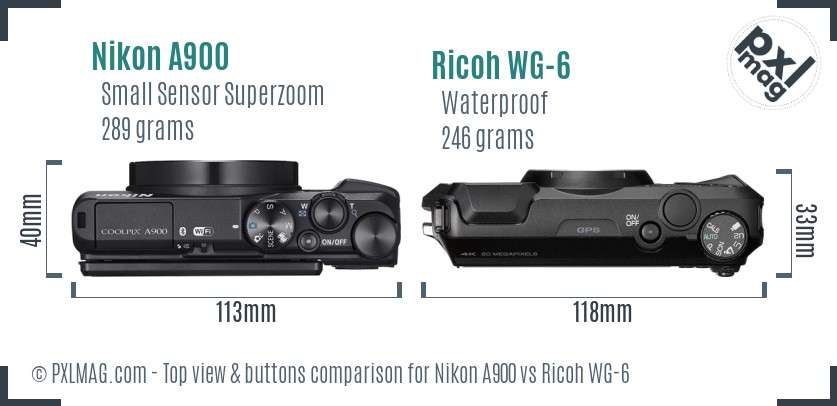 Nikon A900 vs Ricoh WG-6 top view buttons comparison