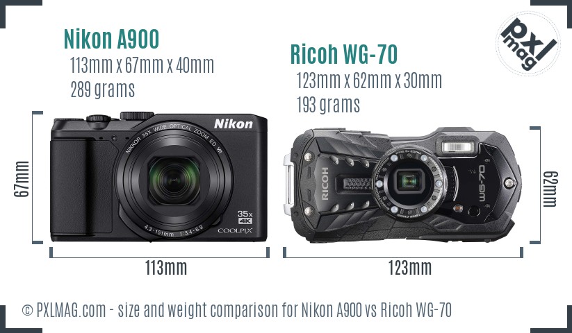 Nikon A900 vs Ricoh WG-70 size comparison