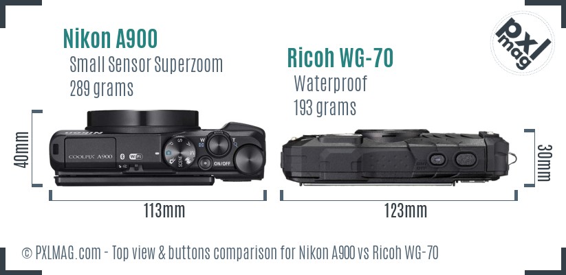 Nikon A900 vs Ricoh WG-70 top view buttons comparison