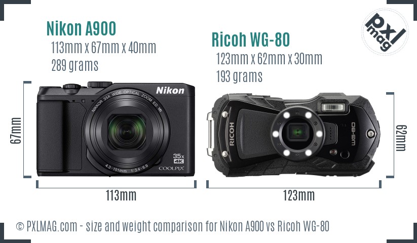 Nikon A900 vs Ricoh WG-80 size comparison