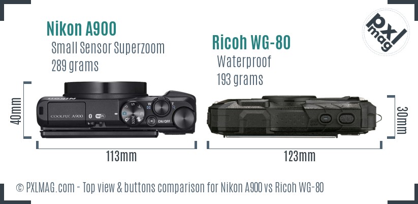 Nikon A900 vs Ricoh WG-80 top view buttons comparison