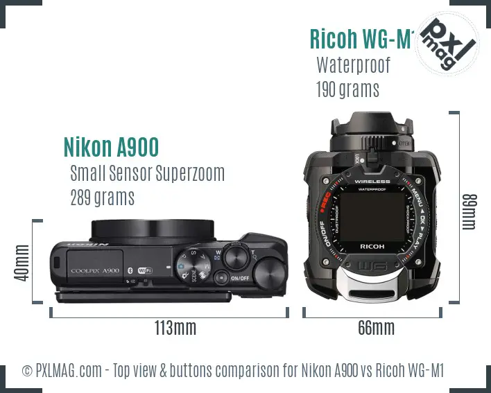 Nikon A900 vs Ricoh WG-M1 top view buttons comparison Nikon A900 vs Ricoh WG-M1 top view buttons comparison