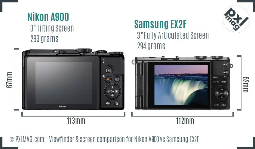 Nikon A900 vs Samsung EX2F Screen and Viewfinder comparison