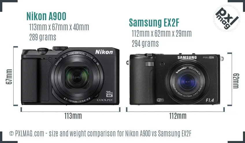Nikon A900 vs Samsung EX2F size comparison