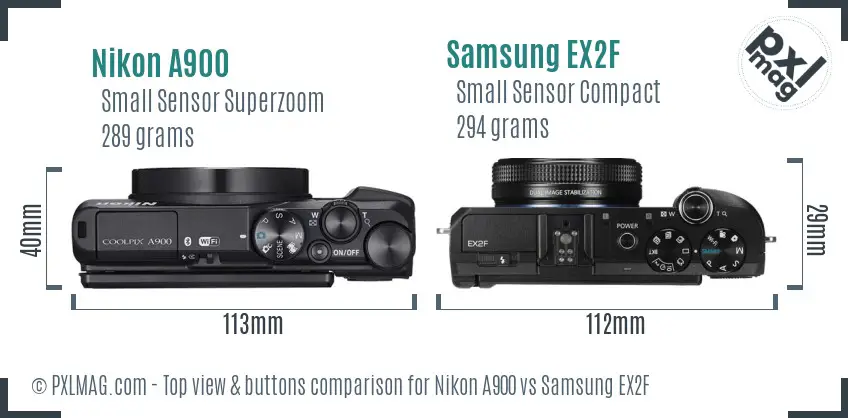 Nikon A900 vs Samsung EX2F top view buttons comparison