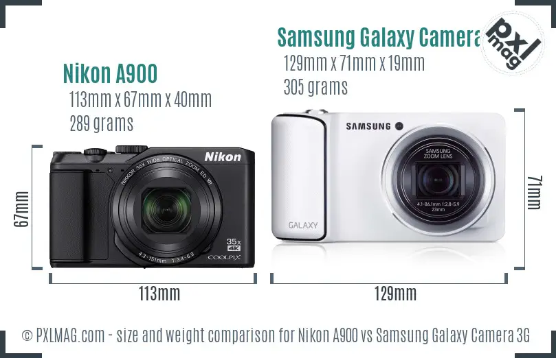 Nikon A900 vs Samsung Galaxy Camera 3G size comparison