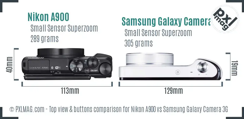 Nikon A900 vs Samsung Galaxy Camera 3G top view buttons comparison