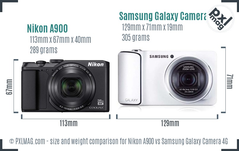 Nikon A900 vs Samsung Galaxy Camera 4G size comparison