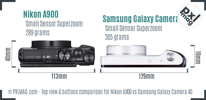 Nikon A900 vs Samsung Galaxy Camera 4G top view buttons comparison