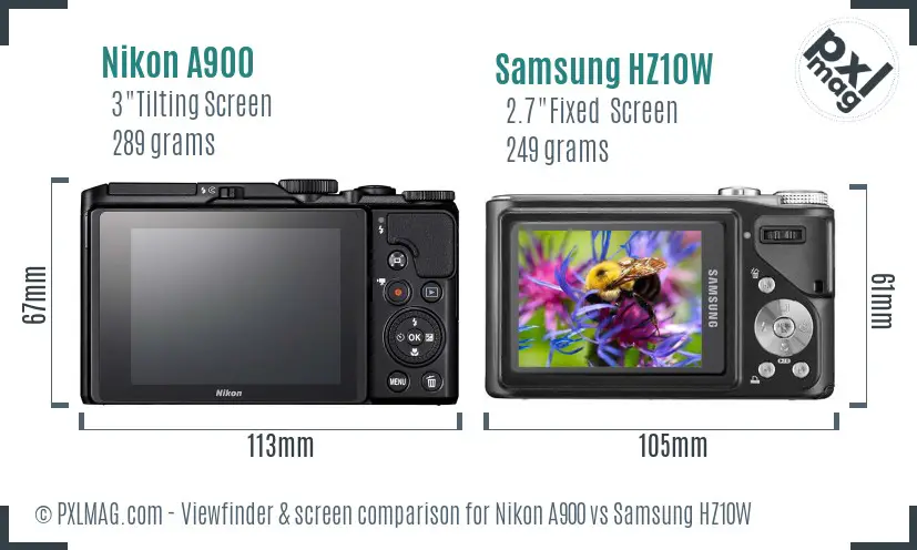 Nikon A900 vs Samsung HZ10W Screen and Viewfinder comparison