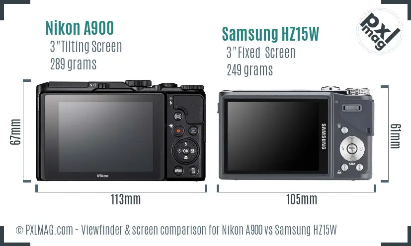 Nikon A900 vs Samsung HZ15W Screen and Viewfinder comparison