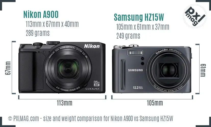 Nikon A900 vs Samsung HZ15W size comparison