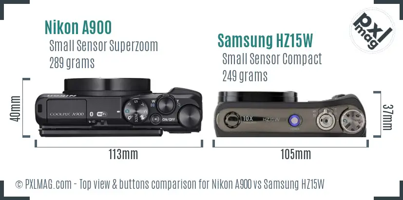Nikon A900 vs Samsung HZ15W top view buttons comparison