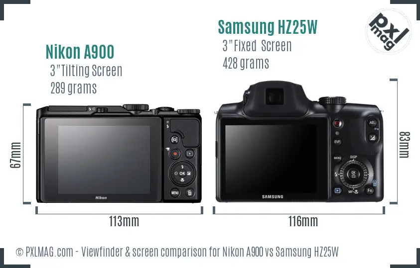 Nikon A900 vs Samsung HZ25W Screen and Viewfinder comparison