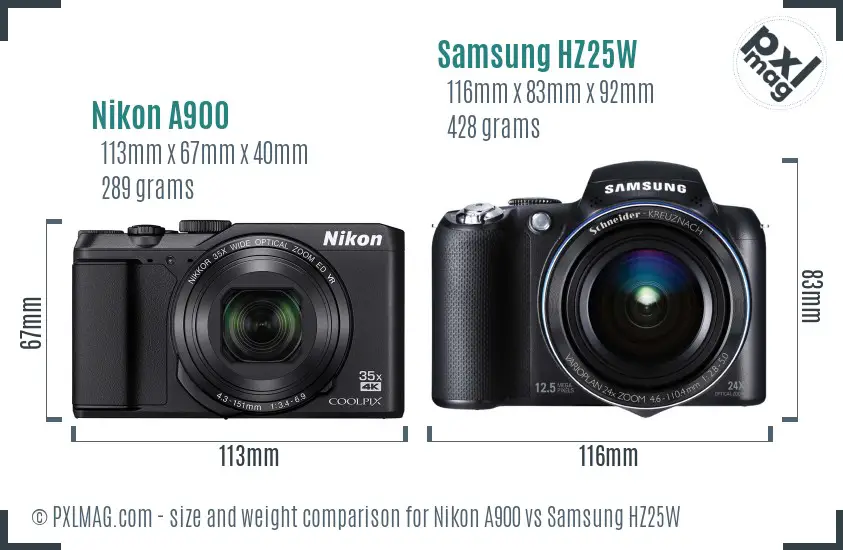 Nikon A900 vs Samsung HZ25W size comparison